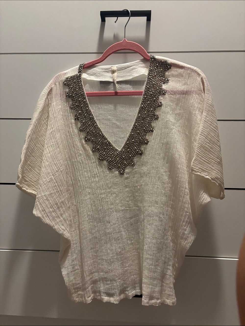 Women's Cream Beaded V-Neck Top